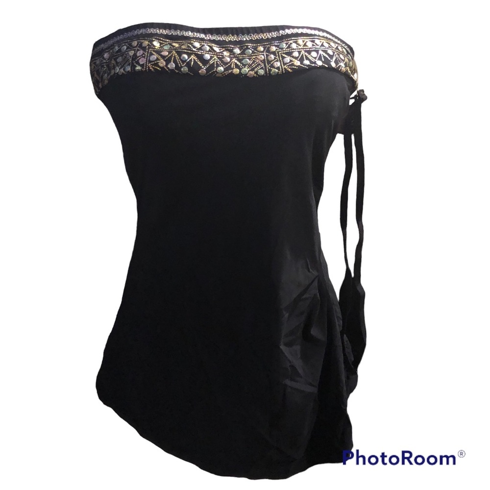 NWT Gortex Embellished Beaded Bandeau One Piece Lycra Swimsuit w/shirred Skirt